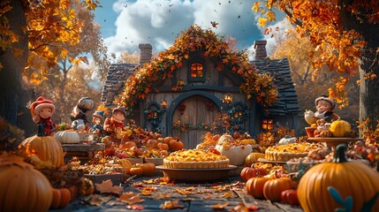 Whimsical Thanksgiving dinner scene with animated characters enjoying a feast with turkey pies and autumn decorations