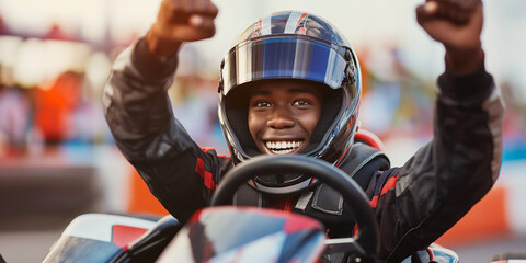 Joyful Young Racer Celebrating Victory in GoKart Race on a Sunny Day at the Karting Track