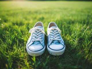 White canvas shoes and blue jeans on green grass