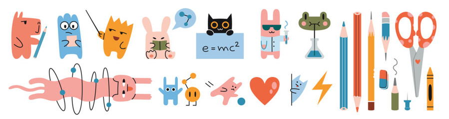 Set of cute funny characters and stationery. Education and study concept. Frog, rabbit, capybara and cat go to school. Trendy modern vector illustration isolated on white, hand drawn, flat