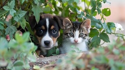 Adorable puppy and kitten peeking through garden foliage, showcasing friendship and curiosity in a natural setting.