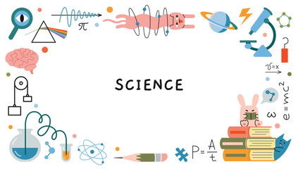 Science research concepts.  Round frame on the theme of physics, biology and chemistry. Education and study concept. Trendy modern vector illustration isolated on white, hand drawn, flat