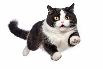 photograph of Playful black and white fat cat running and jumping