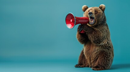Bear Shouting into Megaphone on Blue Background.