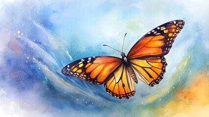 Obraz premium A Monarch Butterfly in Flight: Watercolor Illustration generative AI