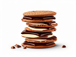 Crispy cookies packed together with three layers of chocolate on white background