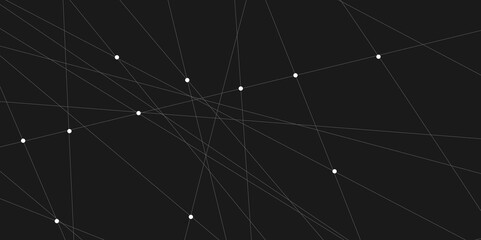 Abstract black and gray geometric random chaotic lines with many squares and triangles shape. Artistic abstract white dots with curved lines. Black background with white dots.  