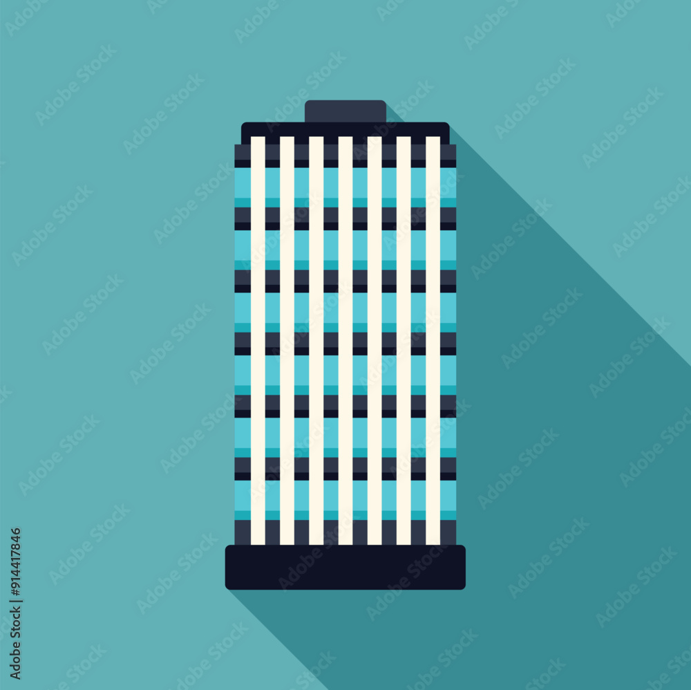 Poster minimalist illustration of a modern office building with blue windows casting a long shadow over a t