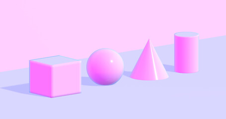 3D rendering of geometry object on pink and blue background.