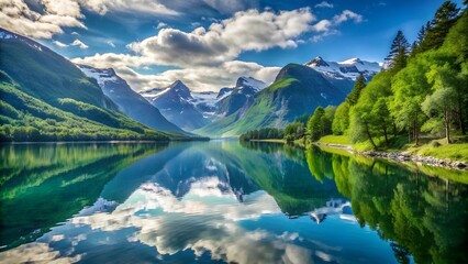 Serene Fjord Reflections: A Symphony of Blues and Greens  AI Generated