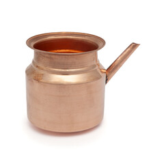 A copper 'Ganga Sagar Kalash' (Karwa) used in traditional Indian rituals of Karwachauth Pooja, placed on a white background, symbolizing cultural and religious significance.