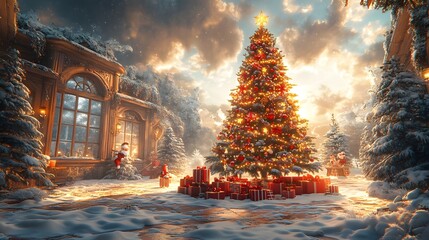 Charming Christmas morning scene with animated characters opening presents around a decorated tree with snowy surroundings