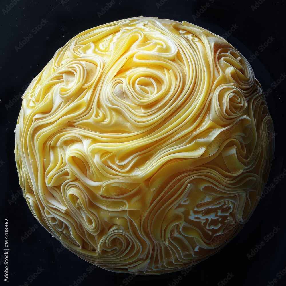 Poster abstract yellow sphere with intricate swirling patterns, close-up view in a dark background. digital