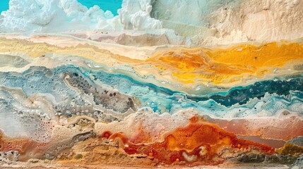 Crystal-clear photo of a geothermal area, colorful mineral deposits, steam vents,