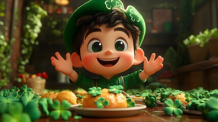 Joyful Patrick Day celebration with animated characters in green attire enjoying shamrocks and festive foods
