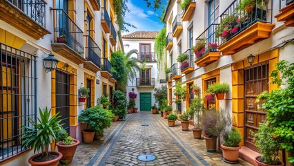 Fototapeta premium A Tapestry of Tile and Stone: A Street in Seville's Barrio Santa Cruz AI Generated