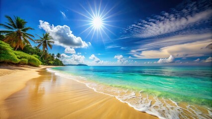 Tropical paradise beach with golden sand, turquoise water, and sun overhead, tropical, beach, paradise