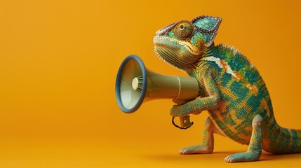 Chameleon Holding Megaphone on Orange Background.