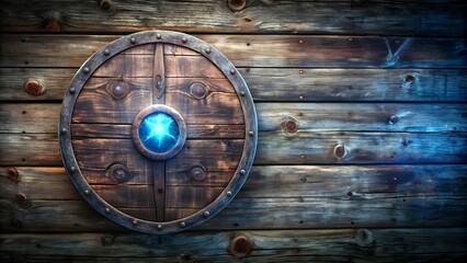 Glimmering Runes on a Carved Wooden Shield  Generative AI