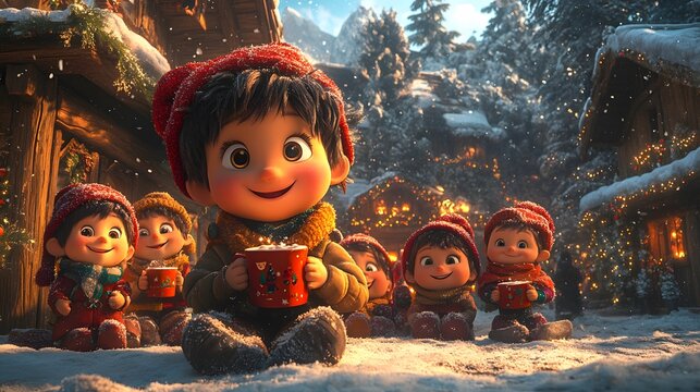 Cozy Christmas Eve gathering with animated characters sharing stories hot cocoa and festive decorations