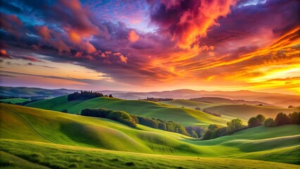 Obraz premium A Symphony of Hues: A Sunset Over a Rolling Hillside AI Generated