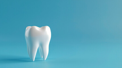 Model of a healthy white tooth on a blue background with copy space, dental clinic ad