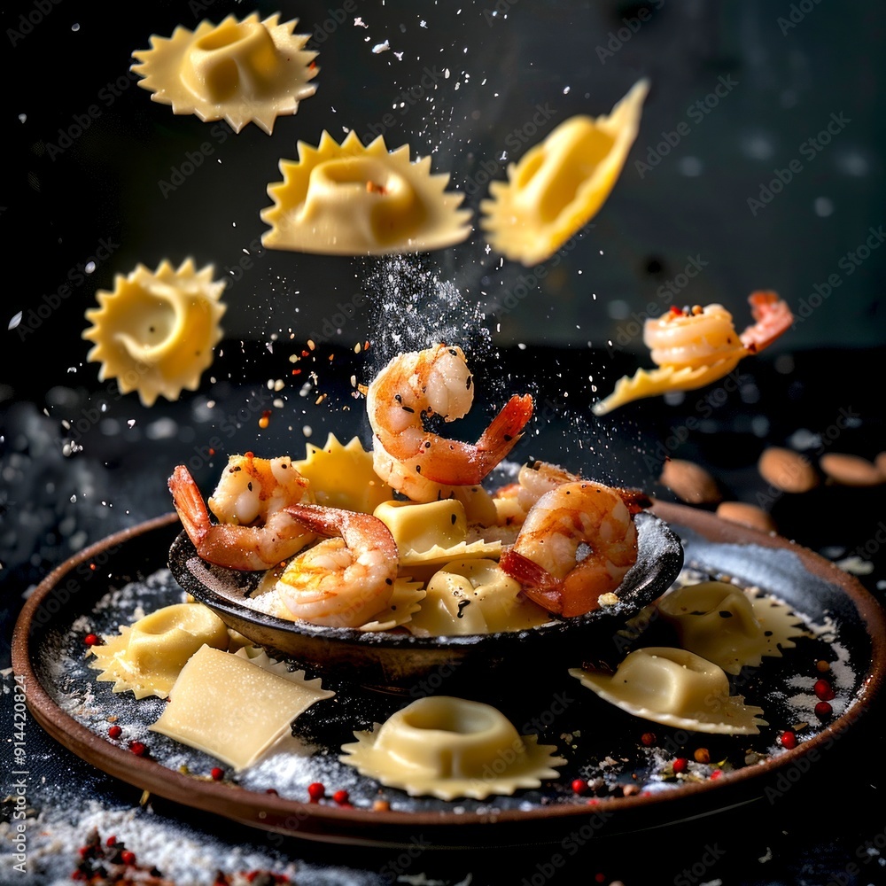 Poster Dynamic culinary concept with shrimp and ravioli floating against a dark background. Vibrant and appetizing. Ideal for food blogs or recipe books. Creative food photography. AI