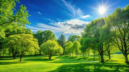 Serene landscape featuring lush green trees and a clear blue sky, nature, outdoors, scenery, picturesque, tranquility