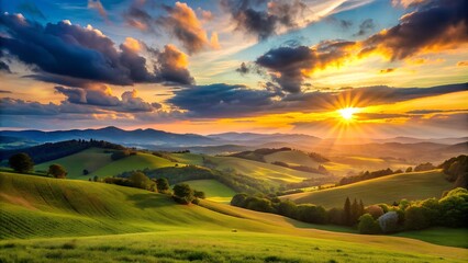 Fototapeta premium Serene Sunset Over Rolling Hills Generative AI