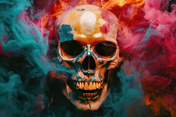 Skull in Colorful Smoke with an Open Mouth and Teeth