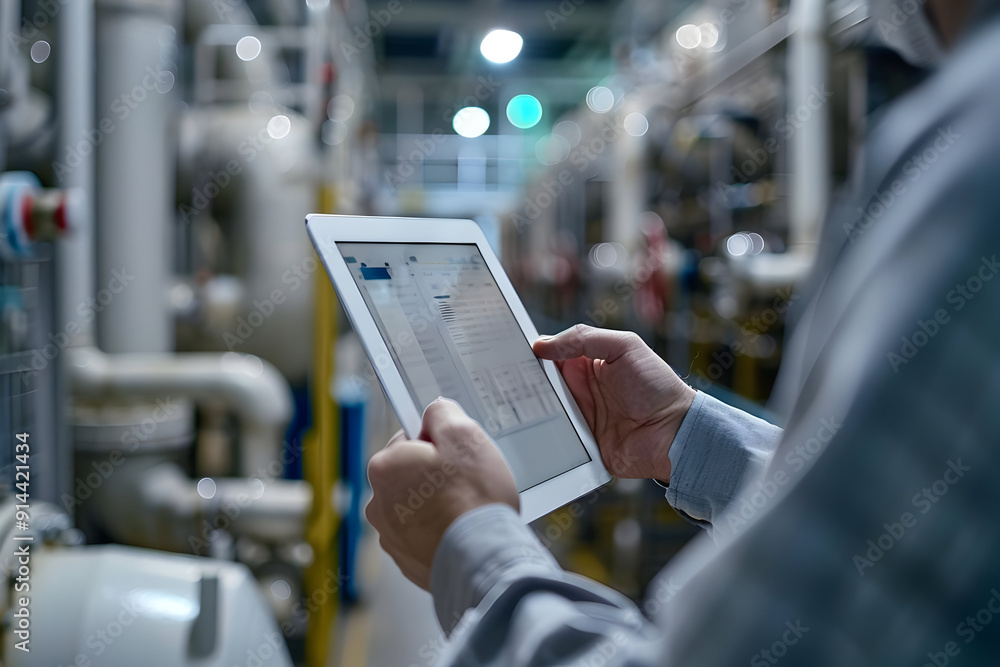Poster worker using a digital tablet in an industrial setting.