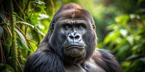 Fototapeta premium Majestic silverback gorilla in the jungle captured through a telephoto lens, gorilla, jungle, wildlife, nature