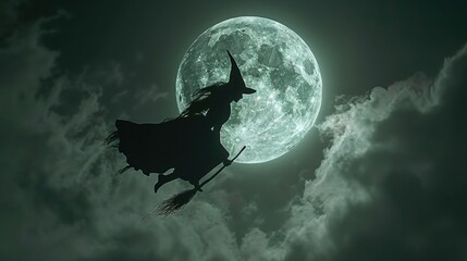 Halloween witch flying boom silhouette on the moon on color background, AI generated for Ads
