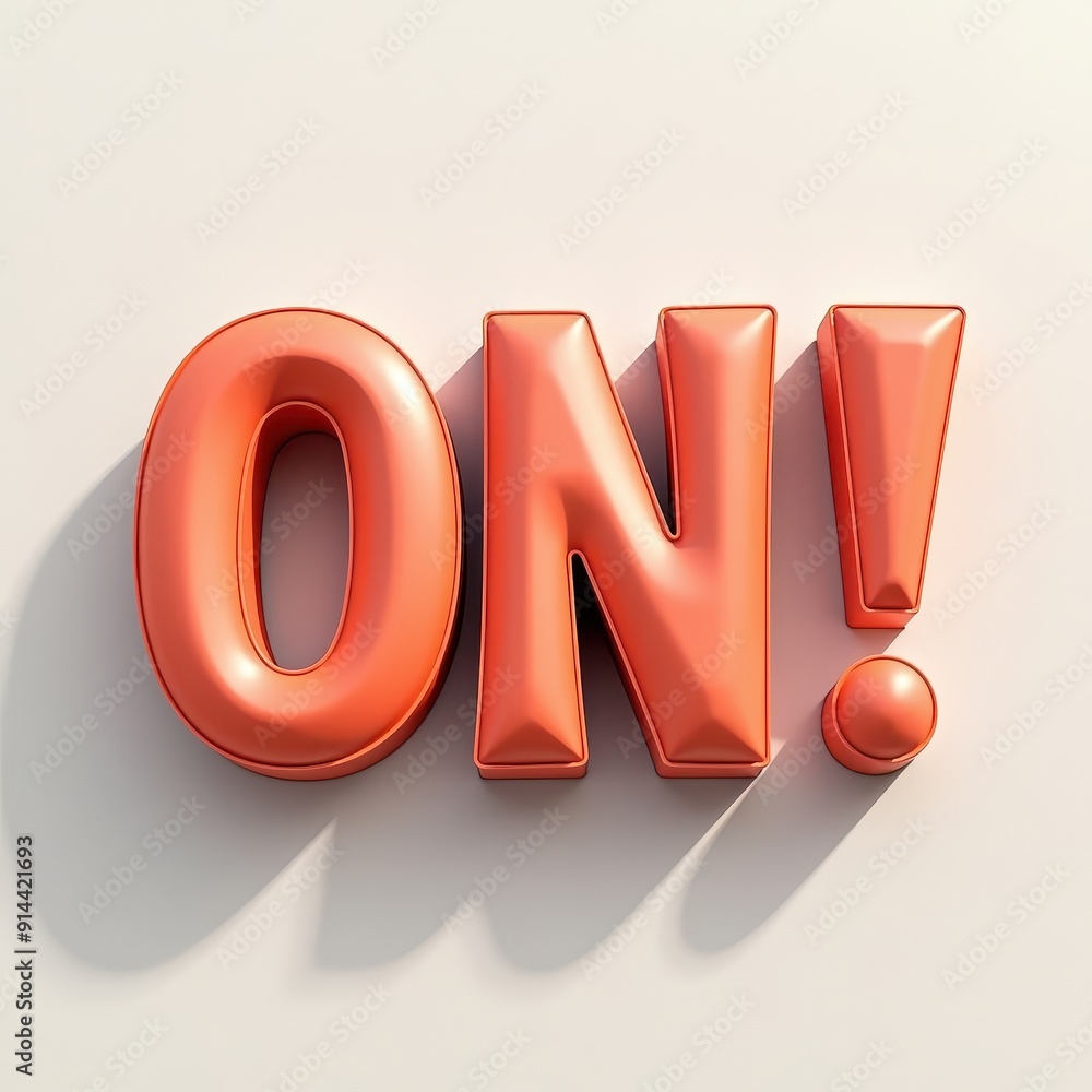 Poster bold and shiny 'on!' text in metallic red against a neutral background.