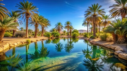Fototapeta premium Serene oasis in desert with palm trees, spring water, and clear blue sky , oasis, desert, palm trees, serene, green, oasis