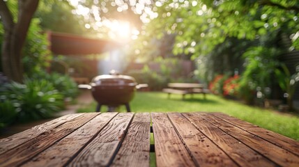 Wooden table on garden background with grill