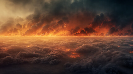 A fiery sky with clouds and smoke