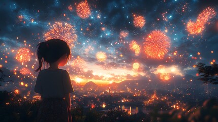 Magical Memorial Day fireworks with animated characters enjoying the night sky filled with colorful explosions