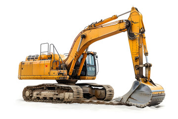 Yellow excavator with its arm raised and bucket down on white background.