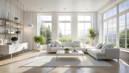 Fototapeta premium A Serene Minimalist Haven: An All-White Living Room with Sunlight Streaming Through Large Windows Generative AI