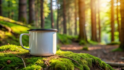 Blank enamel camping mug mockup in a forest setting, enamel, coffee cup, mockup, camping, mug, forest, nature