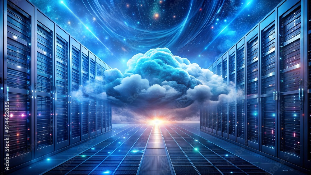 Aufkleber celestial data flow: a symphony of nebulae and servers generative ai