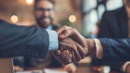 Two businessmen shake hands in a meeting, signifying agreement and success.