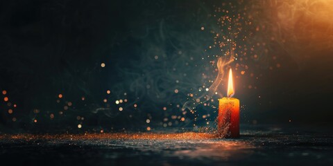 All Saints' Day. Burning candle on dark background. Light effect.