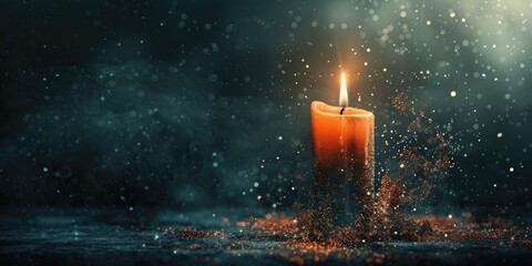 All Saints' Day. Burning candle on a dark background with smoke and bokeh.