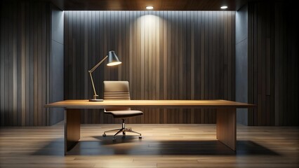 Obraz premium Nocturnal Minimalism: A Sleek Wooden Table in a Dark, Modern Office generative AI