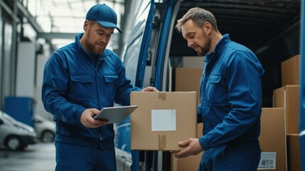 Two delivery men in blue uniforms use a tablet computer while loading packages with their coworker in a delivery van.
