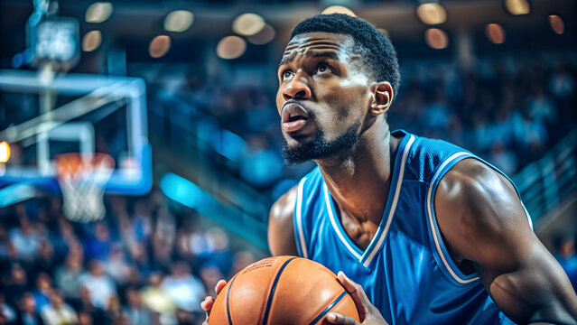 Intense basketball player focused on layup in action, close up of determined expression