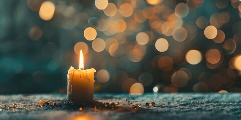 All Saints' Day. Burning candle on bokeh background. 