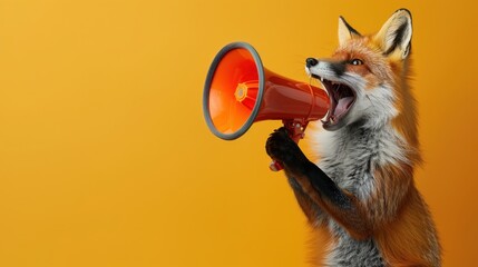 Fox Holding Megaphone on Orange Background.